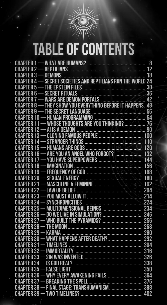 Table of contents from The Forbidden Book of Reality by Michael Walker